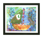 Colorful abstract painting with a boat-like shape on a multicolored background