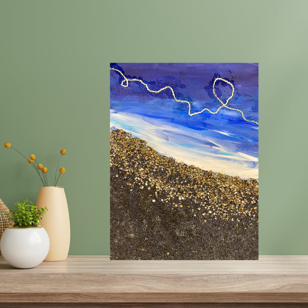 Artistic depiction of a beach scene with a green wall and wooden surface.