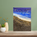 Artistic depiction of a beach scene with a green wall and wooden surface.