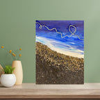 Artistic depiction of a beach scene with a green wall and wooden surface.