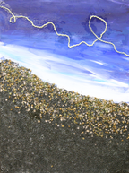 Artistic depiction of a beach scene with blue sky and white clouds.