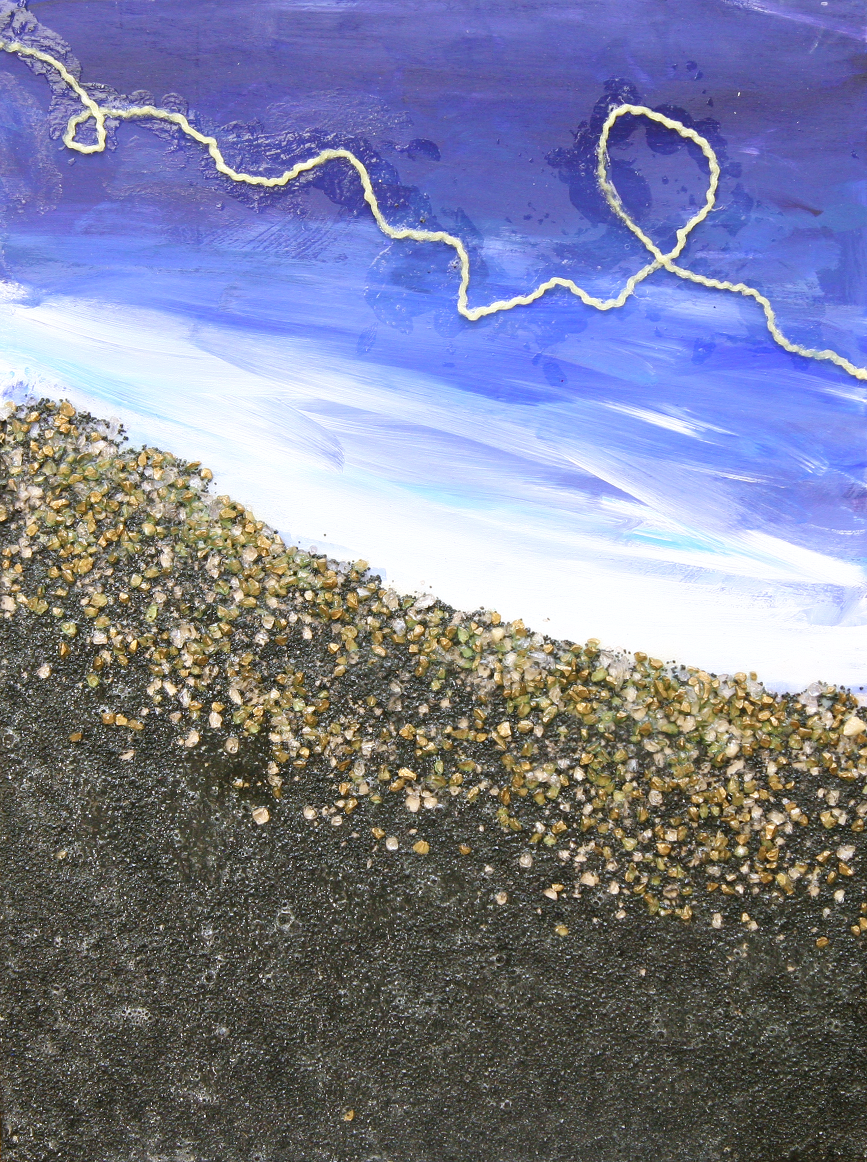 Artistic depiction of a beach scene with blue sky and white clouds.