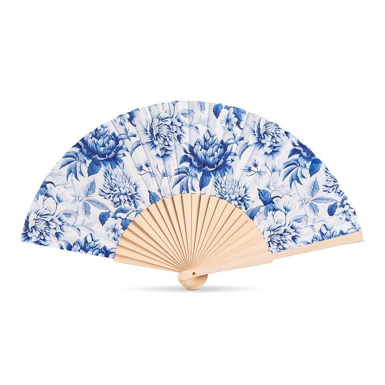 Handheld fan with blue floral pattern on a white background
