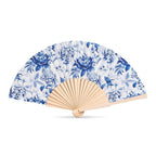 Handheld fan with blue floral pattern on a white background