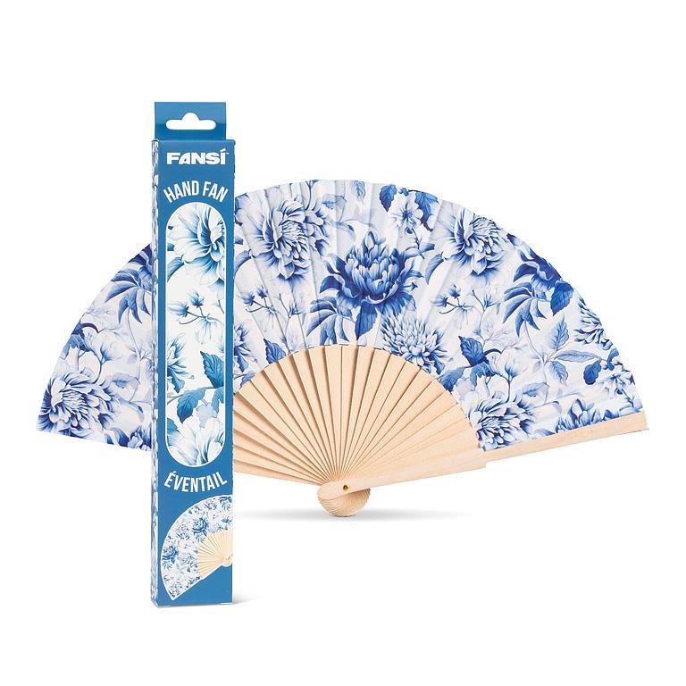 Floral-patterned hand fan with packaging on a white background