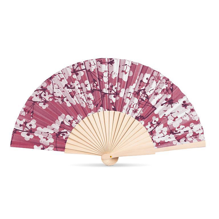 Handheld fan with pink and white floral pattern on a white background