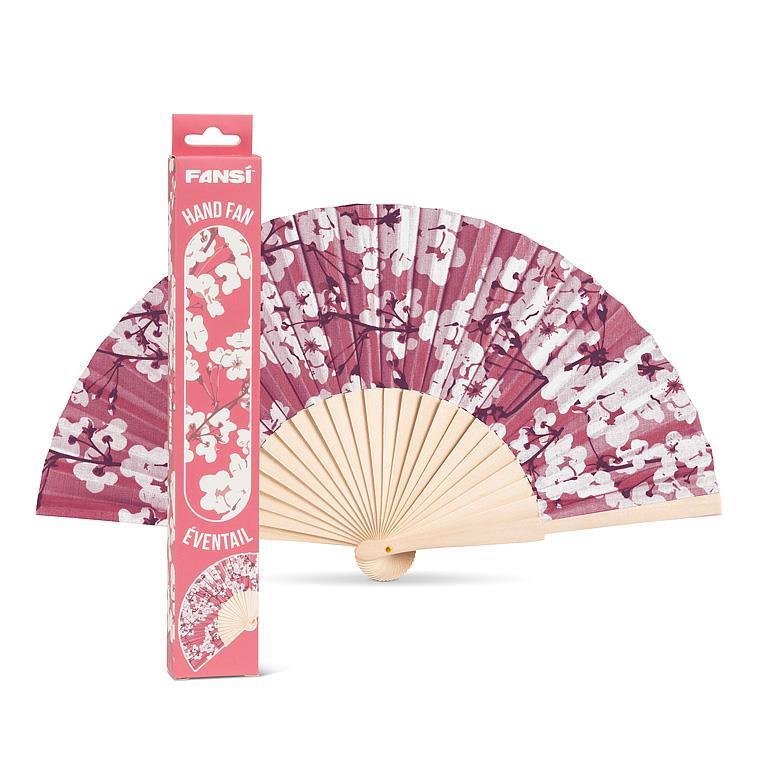 Hand fan with floral design and packaging on a white background