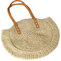 Woven straw bag with brown leather handles on a white background