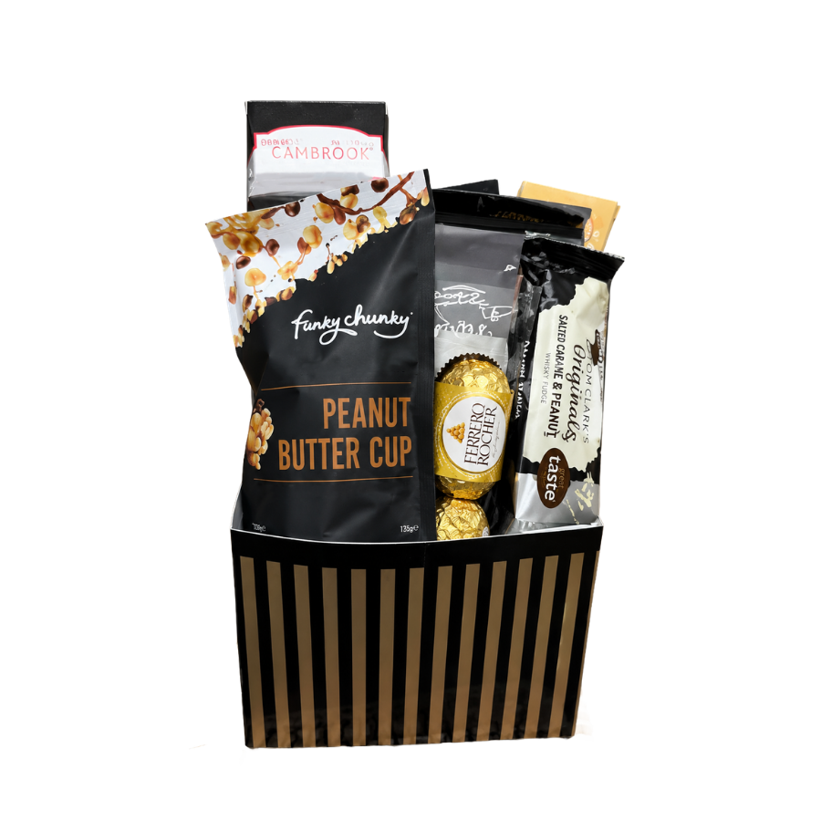 Fancy Chunky Peanut Butter Cup with Ferrero Rocher in a black striped box on a white background