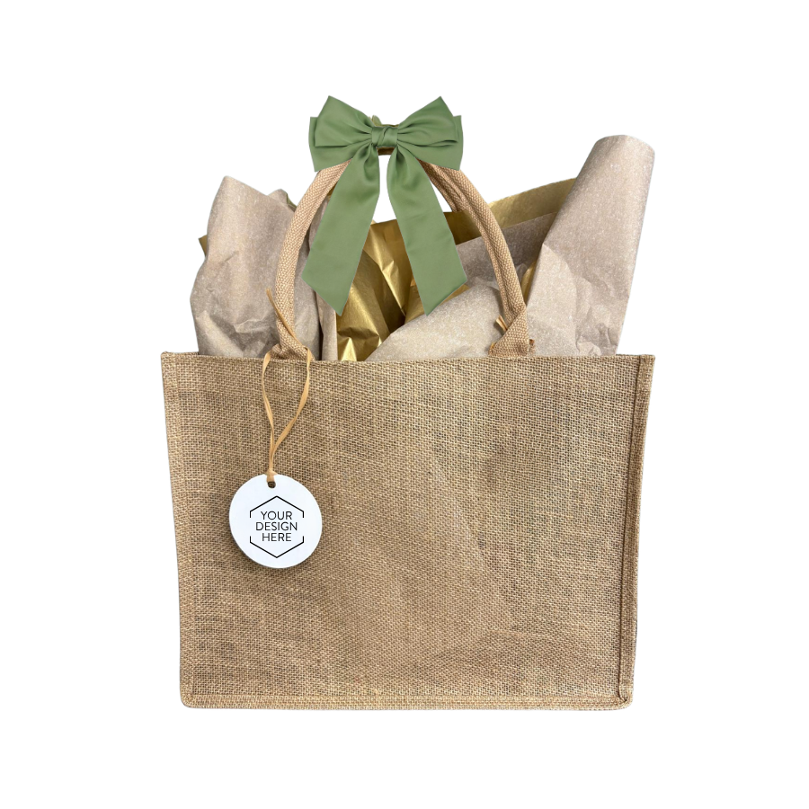 Jute bag with a green bow and gold gift, on a white background