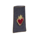 Dark blue pouch with a red heart design and gold accents on a white background