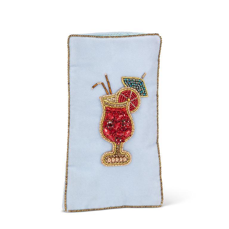 Decorative pouch with cocktail design on a light blue background