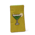 Green fabric pouch with embroidered cocktail design on a white background