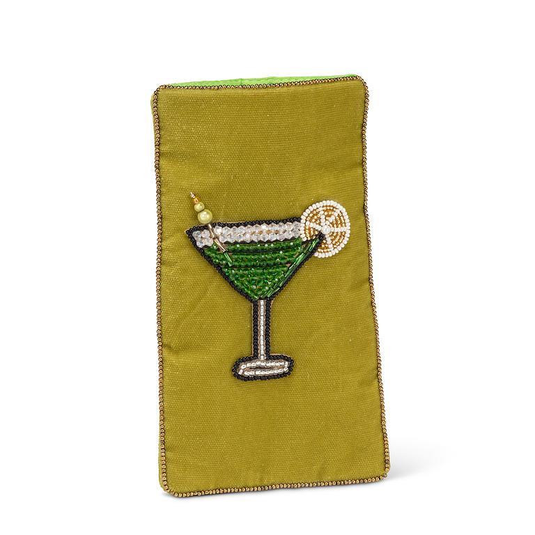 Green fabric pouch with embroidered cocktail design on a white background