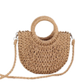 Beige woven handbag with a round handle on a white background