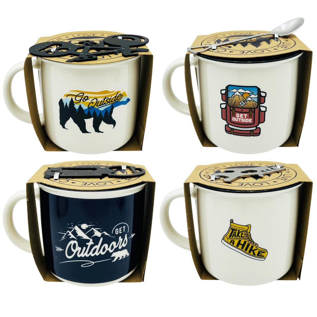 Four mugs with outdoor-themed designs and packaging on a white background