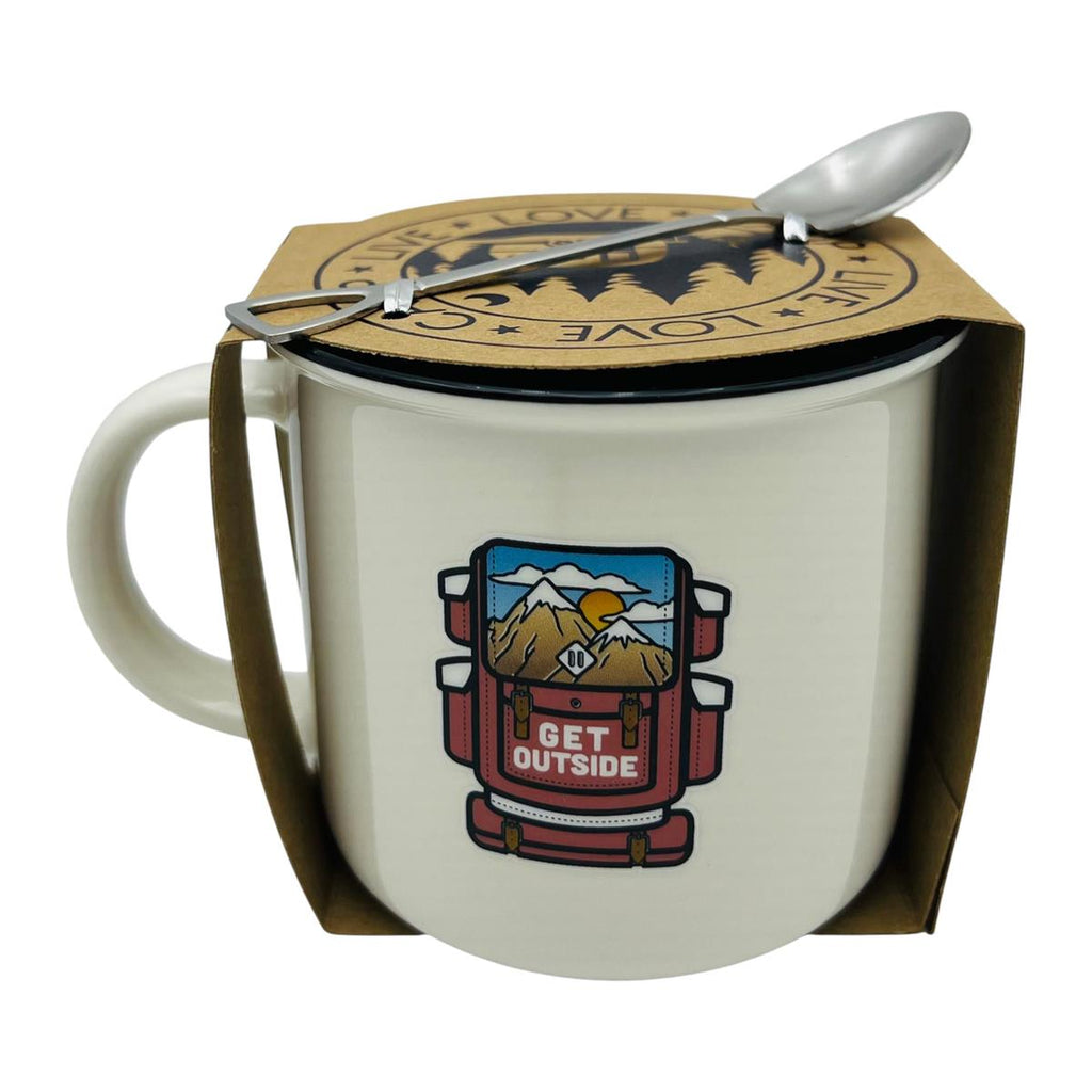 Mug with backpack design and 'Get Outside' text, featuring a spoon, in a decorative box.