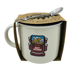 Mug with backpack design and 'Get Outside' text, featuring a spoon, in a decorative box.