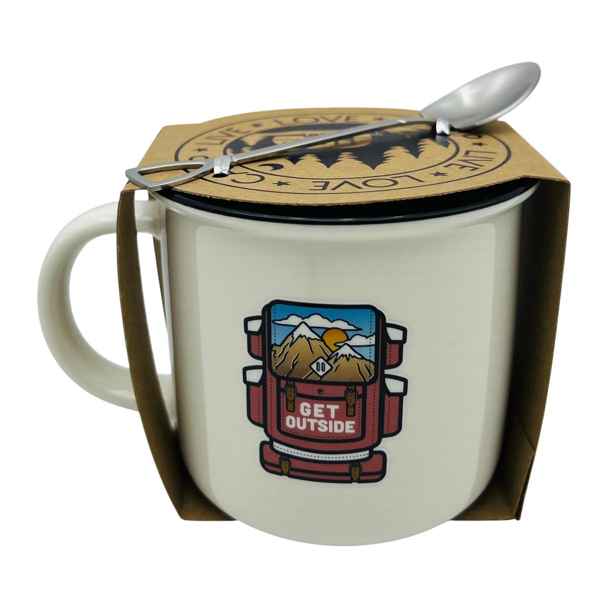 Mug with backpack design and 'Get Outside' text, featuring a spoon, in a decorative box.