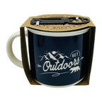 Navy mug with 'Get Outdoors' text and mountain bear design in a cardboard holder