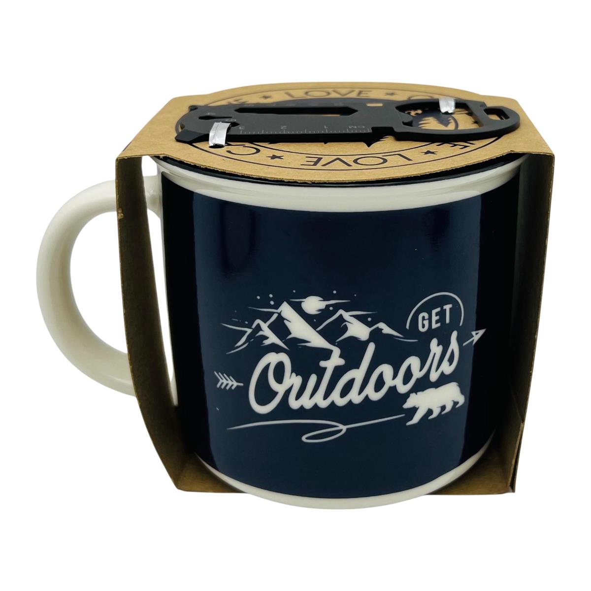 Navy mug with 'Get Outdoors' text and mountain bear design in a cardboard holder