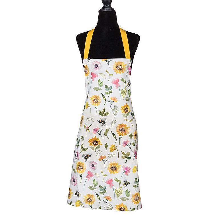 Floral apron with yellow straps on a mannequin against a white background