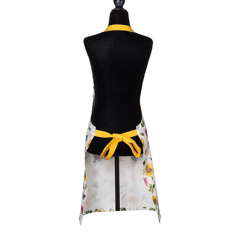 Floral apron with a yellow ribbon on a mannequin against a white background