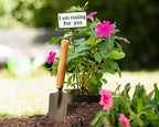 Garden scene with pink flowers, a small shovel, and a sign saying 'I am rooting for you' in a natural setting.