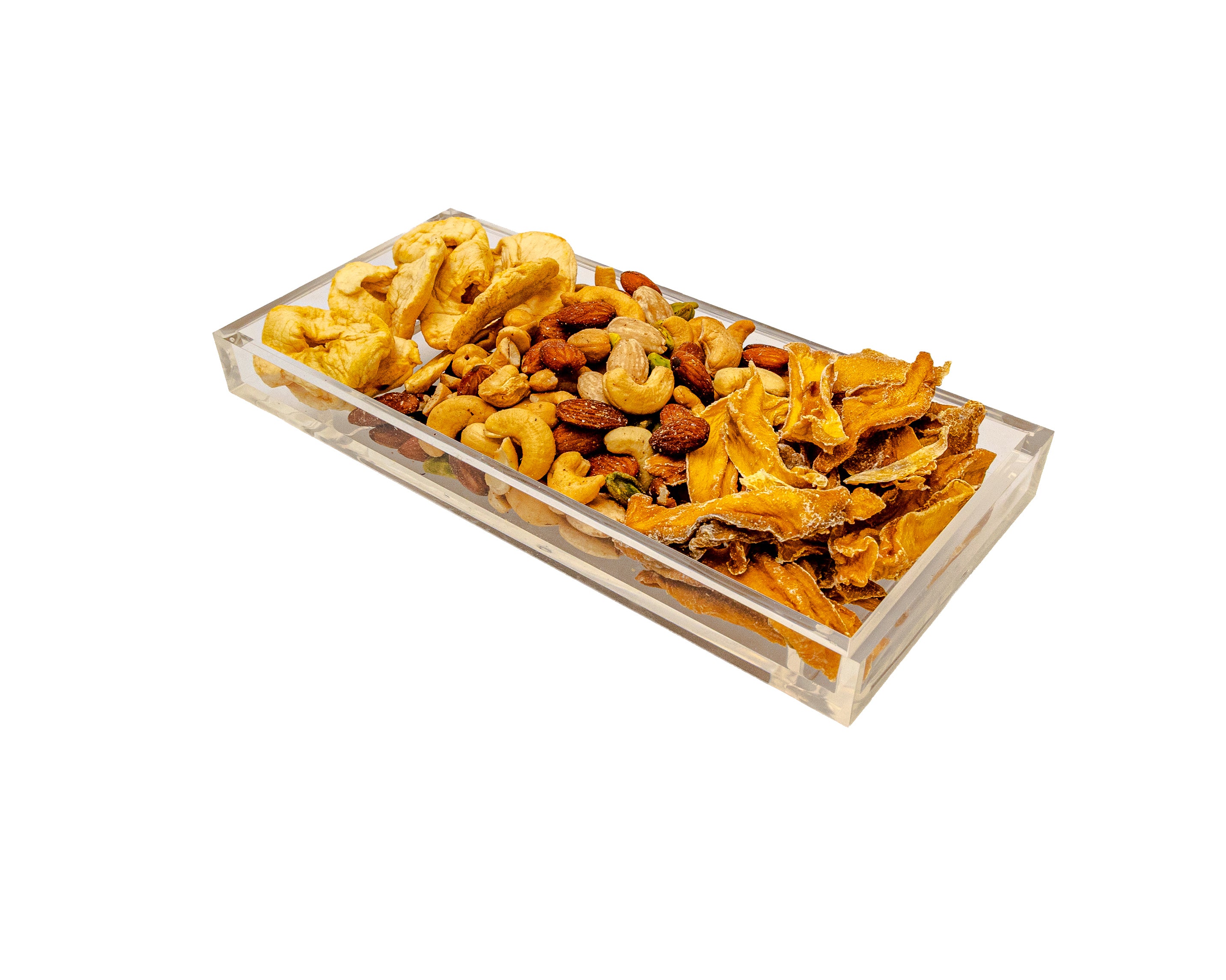 Mixed nuts on a clear acrylic tray with a white background