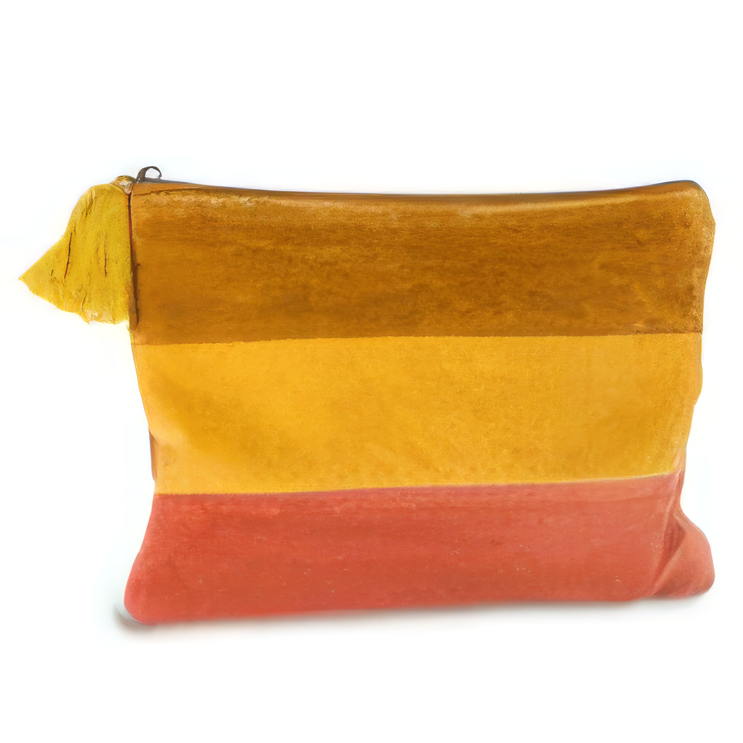 A rectangular zippered pouch with a tassel zipper pull, featuring three horizontal color-blocked panels in mustard yellow, golden yellow, and terracotta red, shown on a white background.
