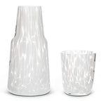 Clear glass carafe and tumbler set on a white background