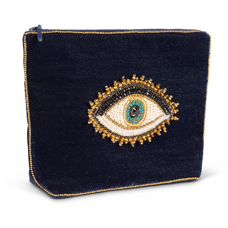 Navy blue pouch with an embroidered eye design on a white background