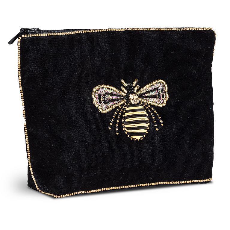 Black pouch with a bee design on a white background