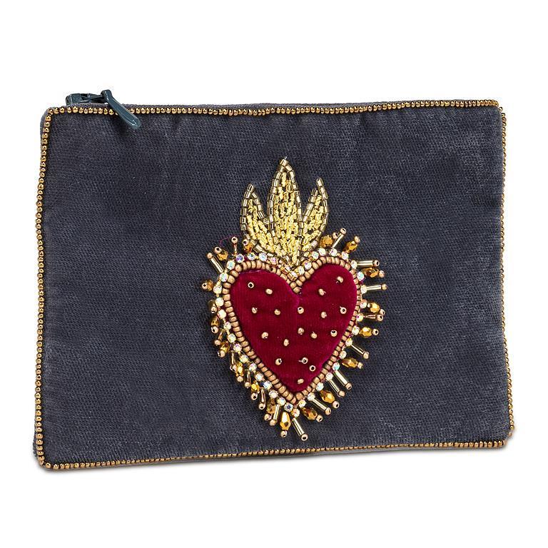 Velvet pouch with a red heart and gold embellishments on a white background
