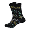 Black socks with colorful bicycle pattern on a white background