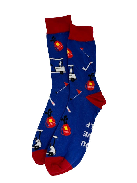 Blue socks with red accents and golf-themed design on a white background