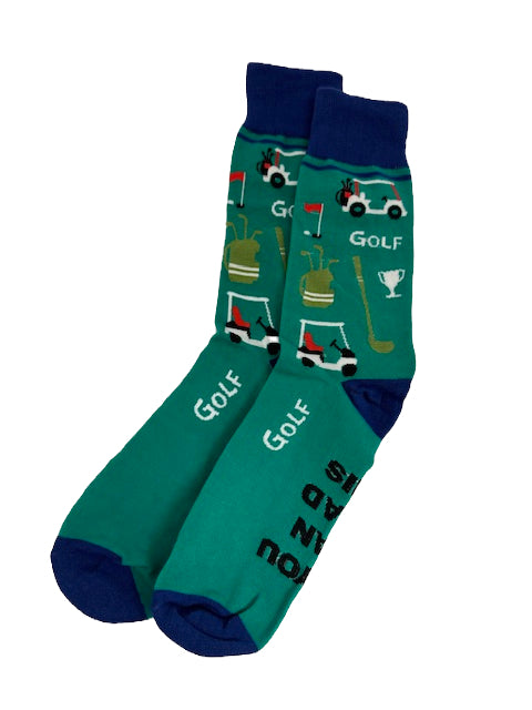 Green socks with golf-themed designs on a white background