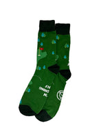 Green socks with golf-themed design on a white background