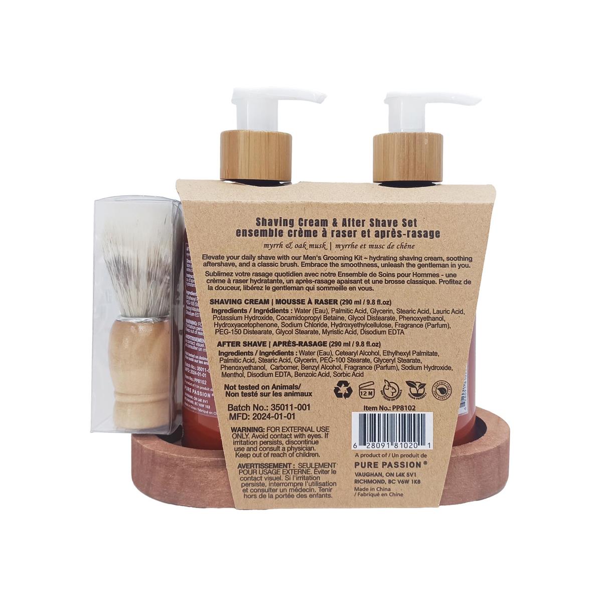 Men's grooming set with shaving cream, brush, and after-shave on a white background