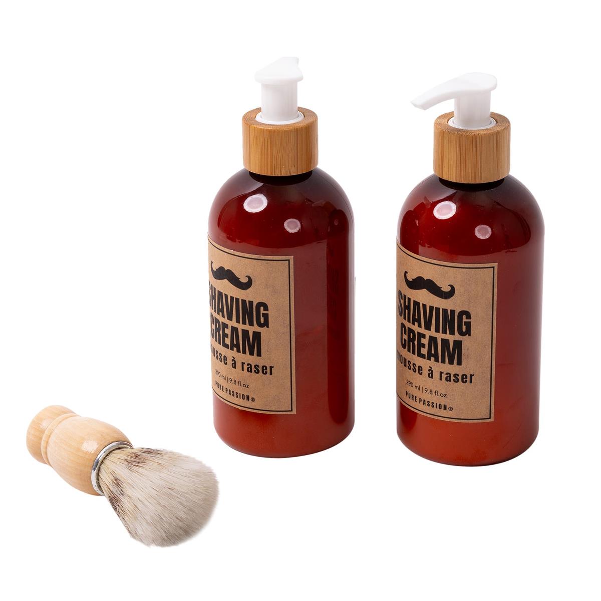 Two bottles of shaving cream with a brush on a white background