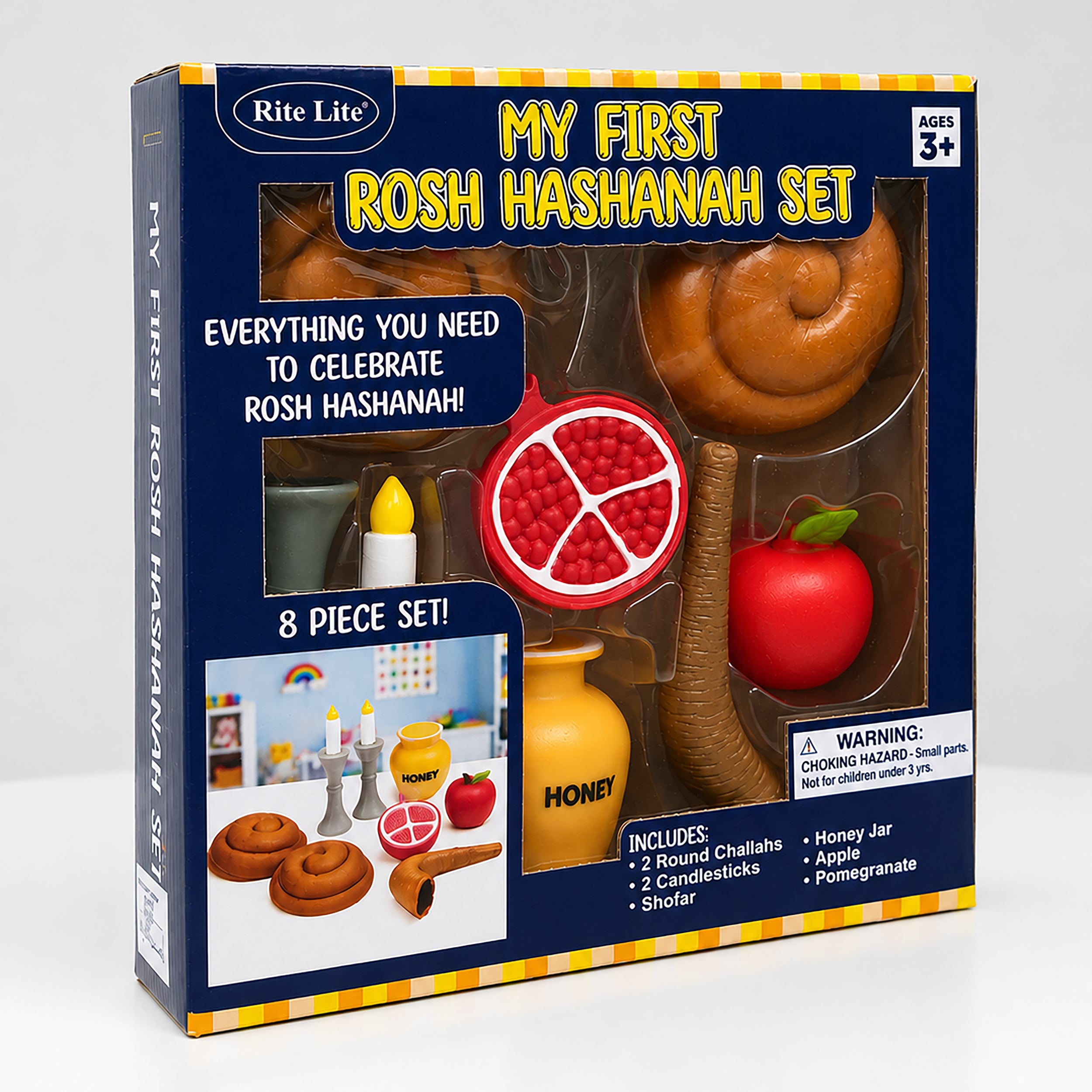 Rite Lite My First Rosh Hashanah Set toy food and tableware set in its retail packaging, featuring plastic challahs, a honey jar, apple, pomegranate, candle, and shofar.