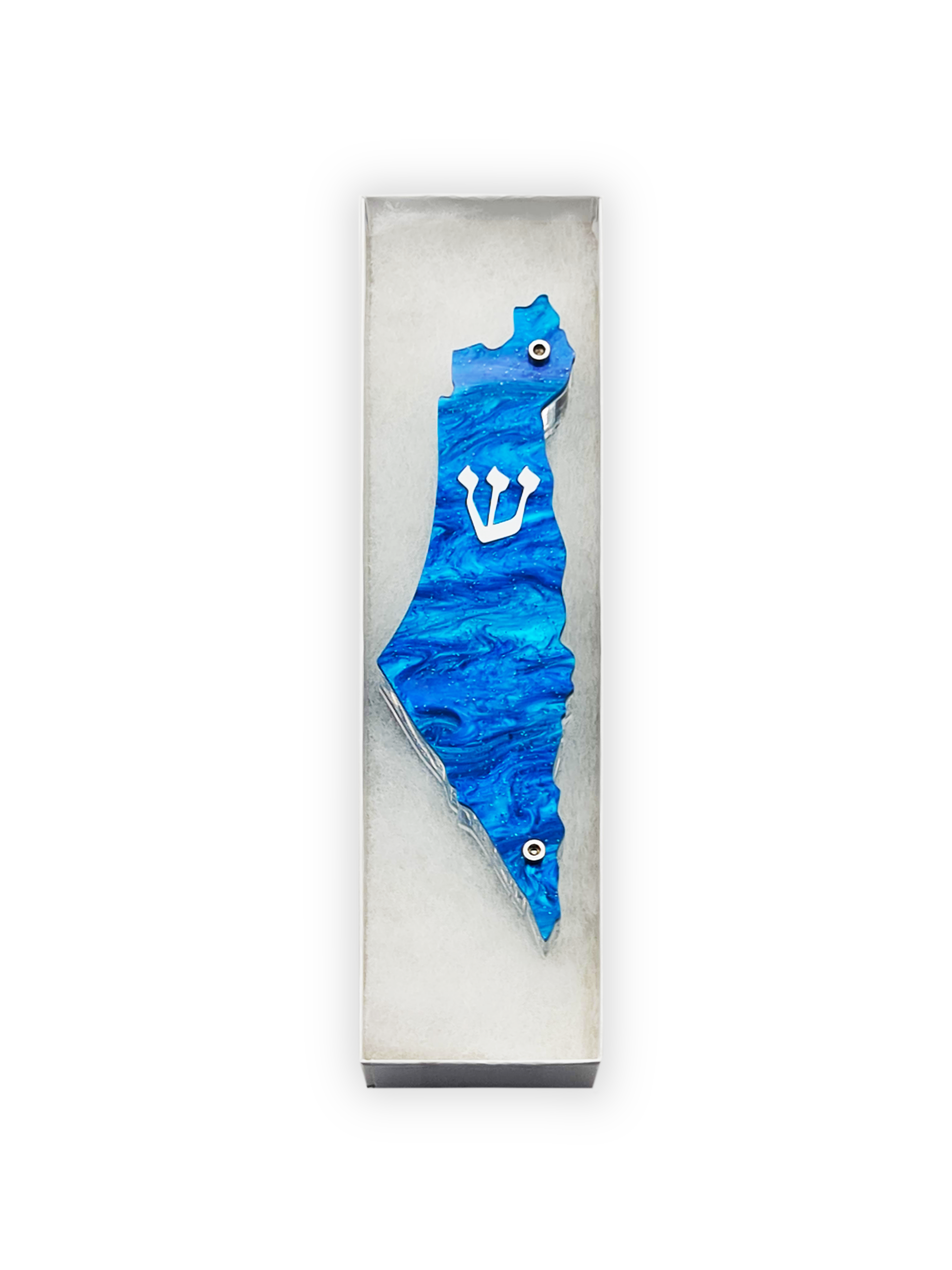 Blue decorative mezuzah with a white emblem in a clear box on a white background