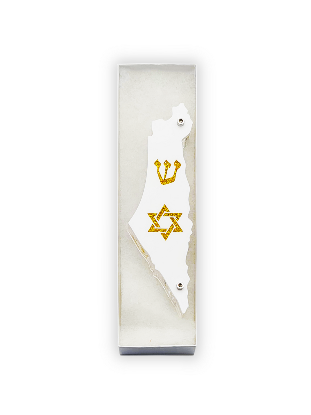 White Mezuzah case with gold Star of David and Israel shaped design on a white background