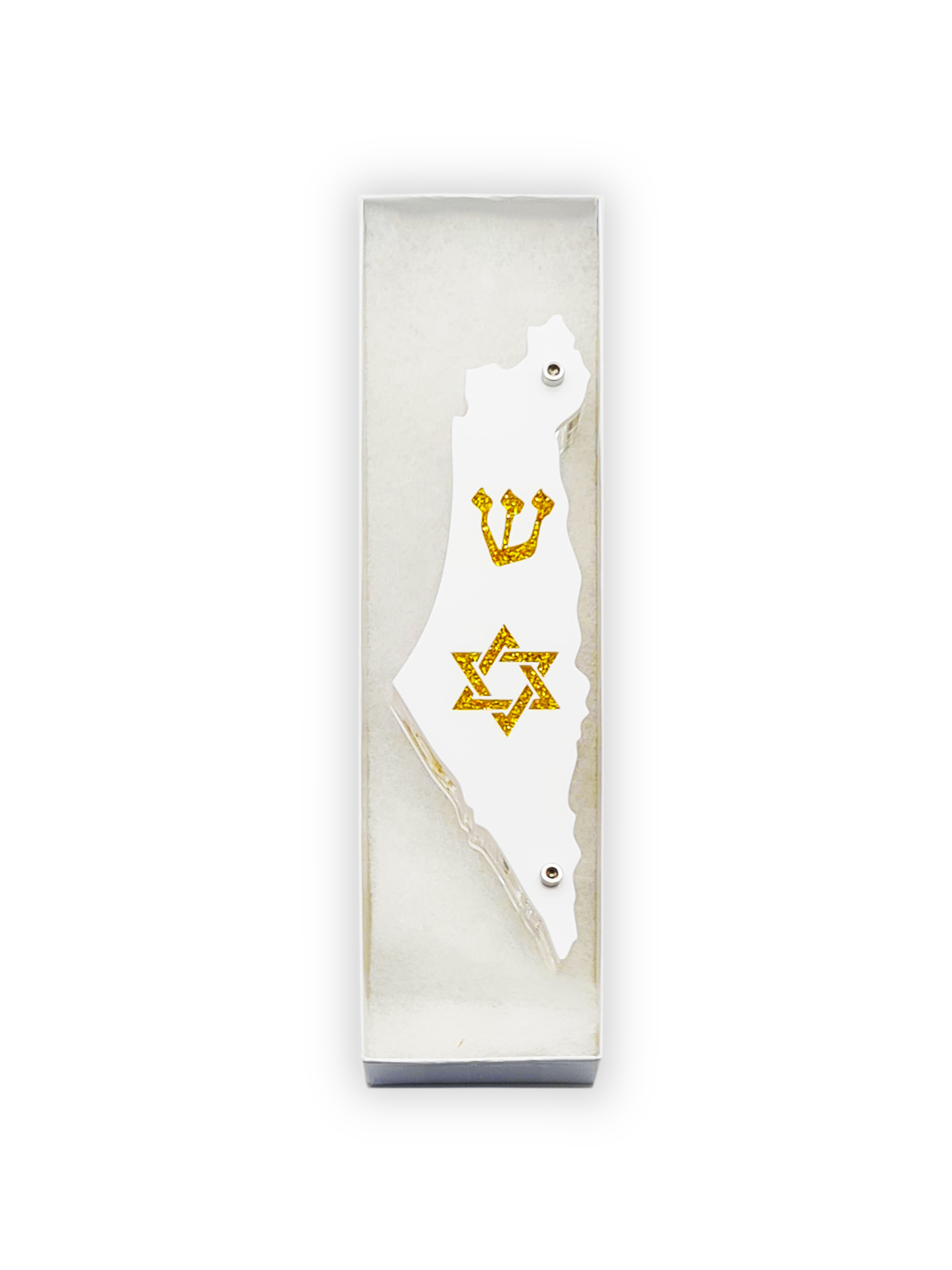 White Mezuzah case with gold Star of David and Israel shaped design on a white background
