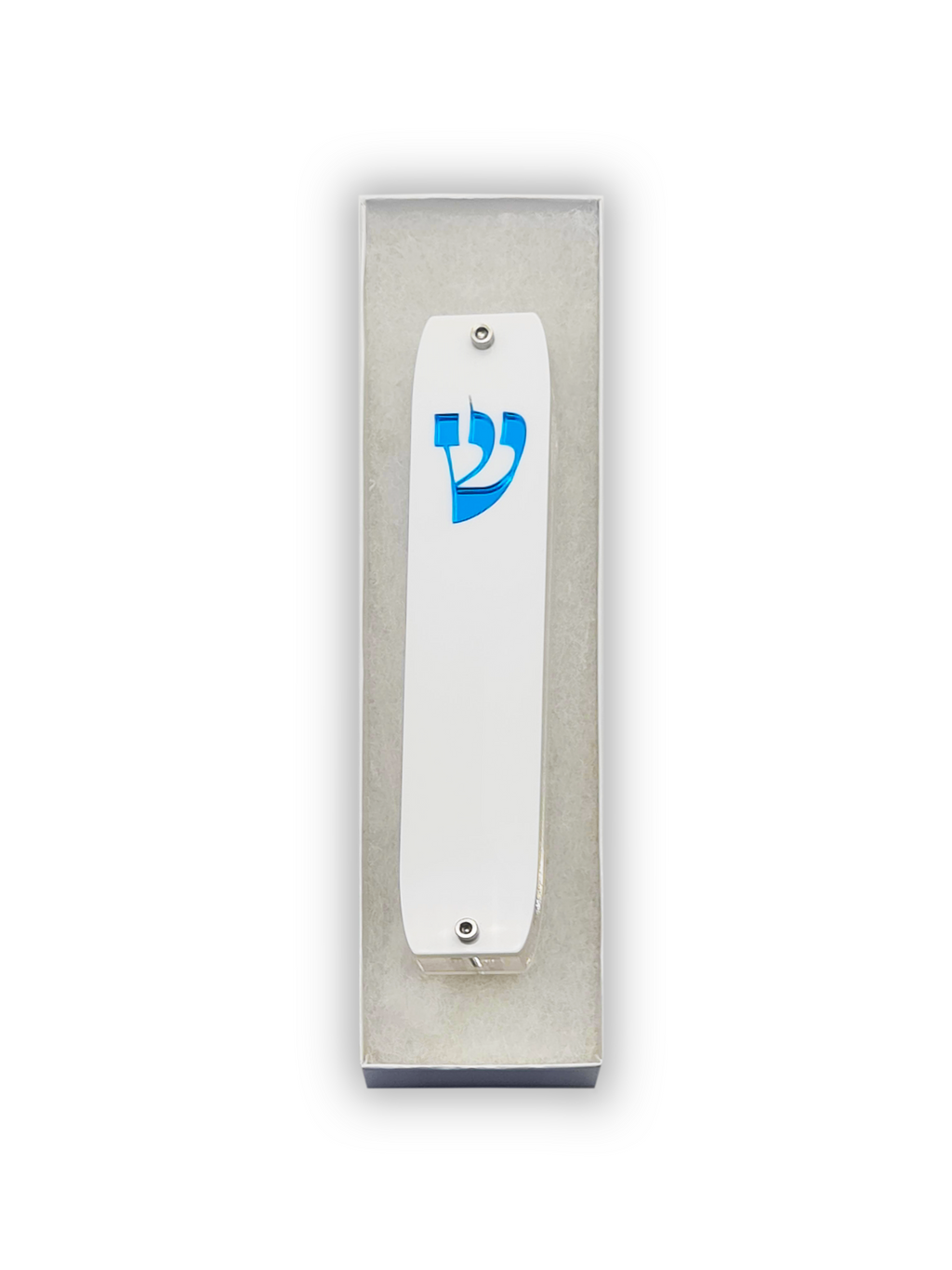 White Mezuzah case with blue design on a white background