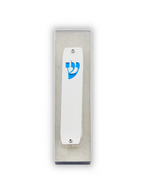 White Mezuzah case with blue design on a white background