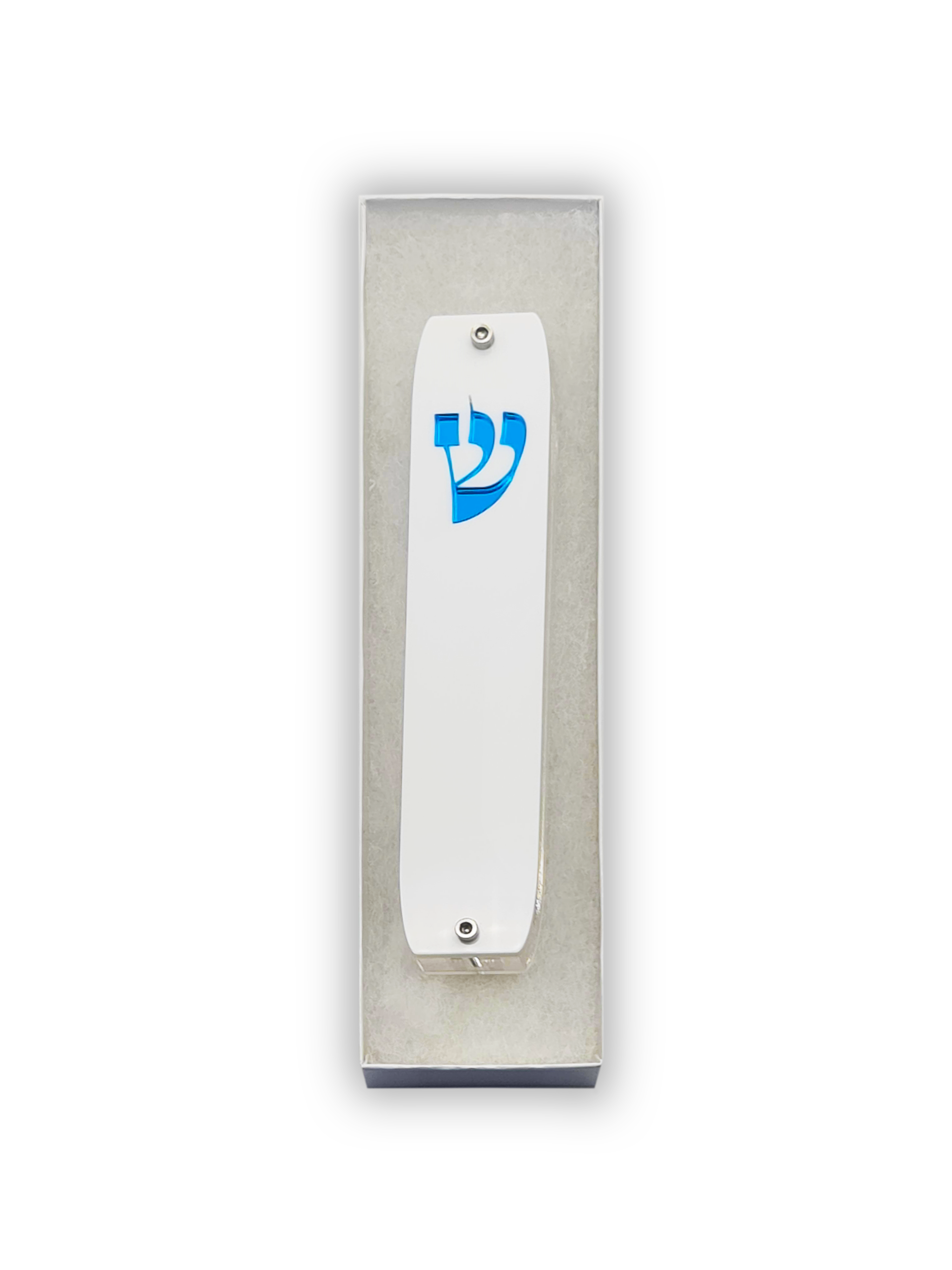White Mezuzah case with blue design on a white background