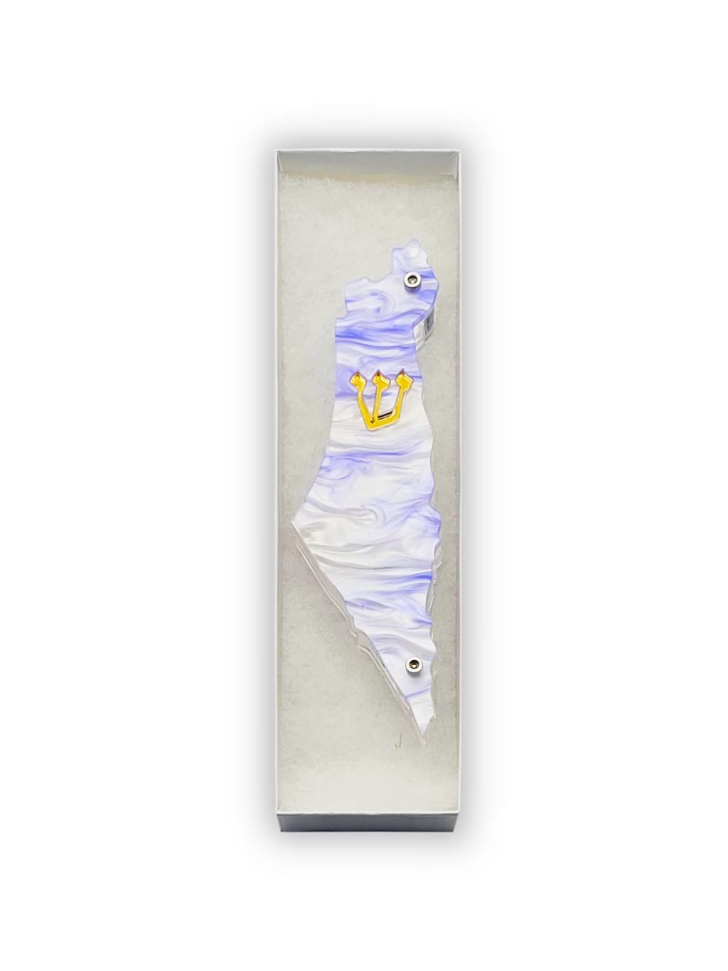 White mezuzah with blue accents and a gold design in a clear box on a white background