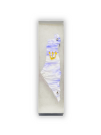 White mezuzah with blue accents and a gold design in a clear box on a white background