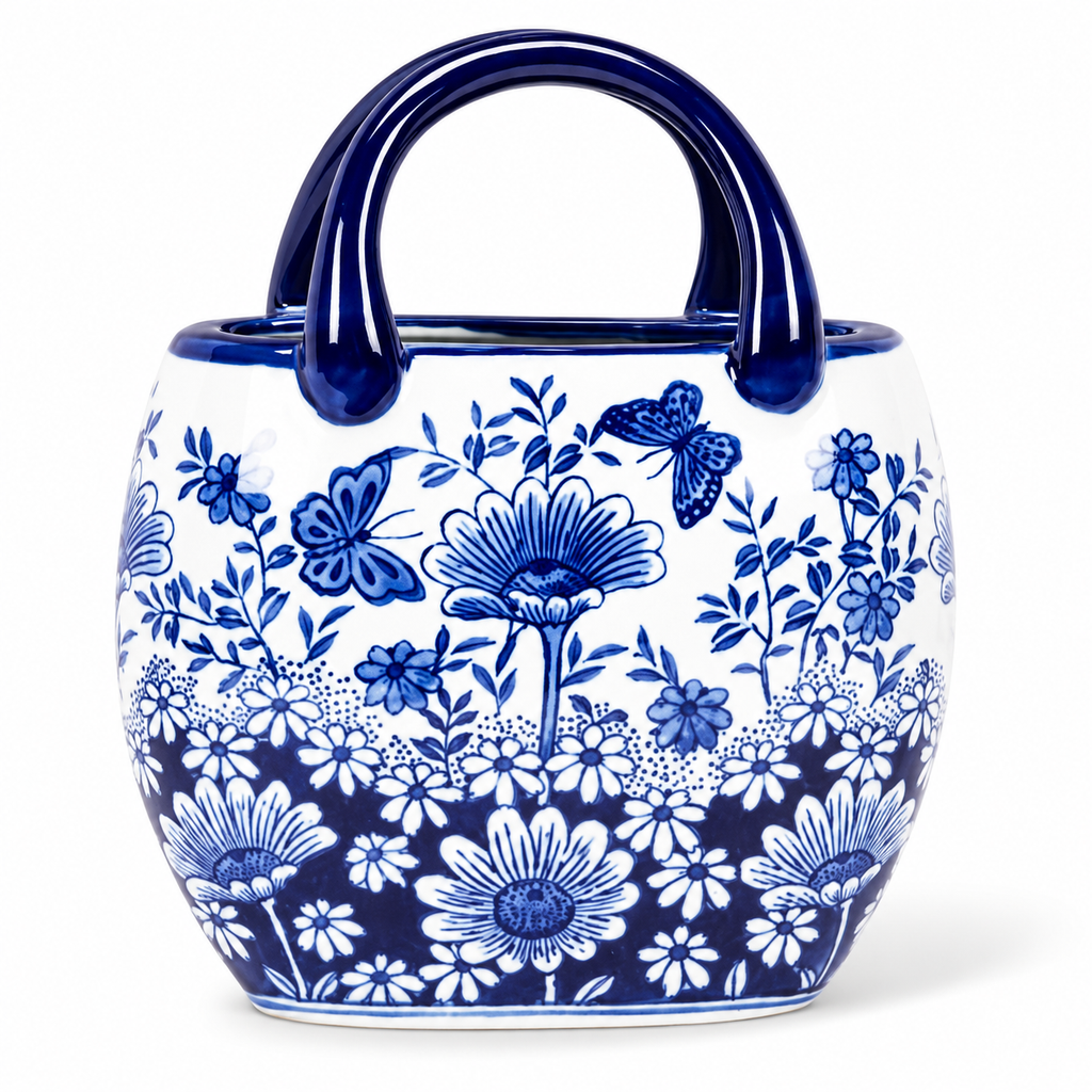 A ceramic bucket-style vase with a glossy blue handle, decorated with a blue and white floral and butterfly pattern on a white background.